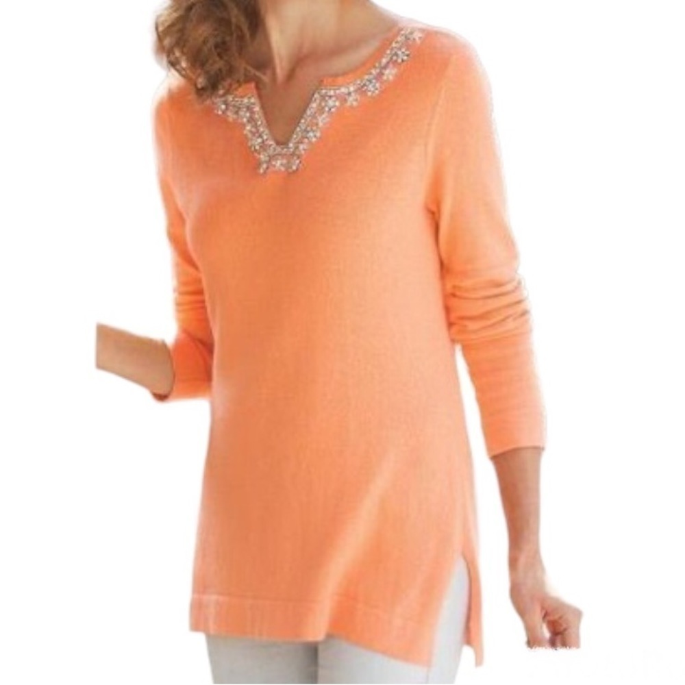 Soft Surroundings Cashmere Cotton Bijoux Jeweled Tunic Sweater Top Small Orange